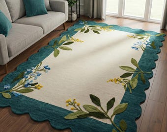 Hand Tufted Floral Wool Rug, Off White Teal Scalloped Area Rugs for Living Room