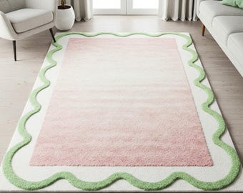 Pink Green Wavy Wool Rug, Abstract Hand Tufted Custom Area Rugs