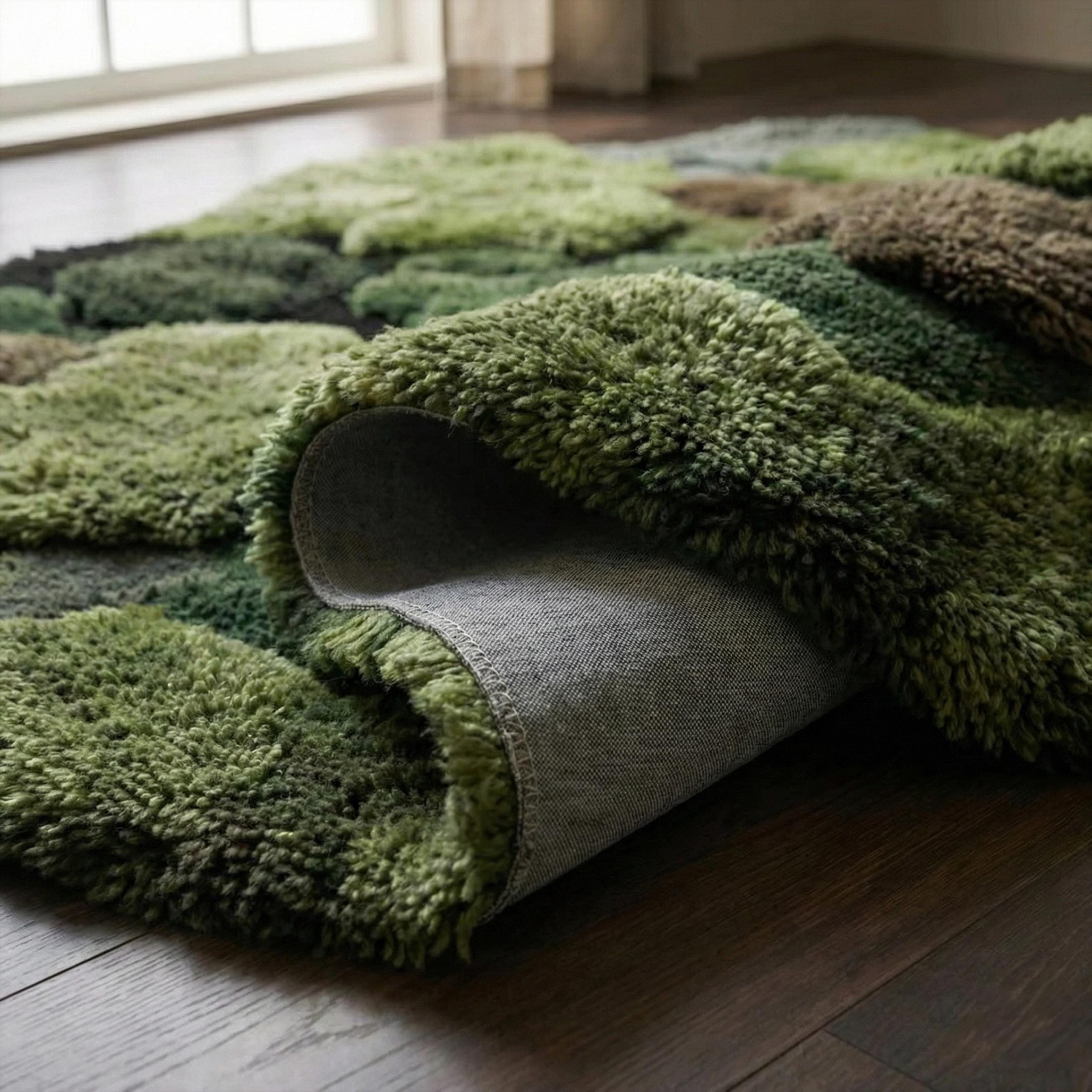 Moss Green Abstract Wool Rug, Irregular Hand Tufted 3d Forest Nature ...
