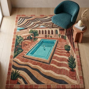 May include: A rectangular area rug featuring a detailed tufted illustration of a swimming pool courtyard. The design includes a turquoise pool, terracotta-colored tiled ground, arched architectural elements, and potted plants in shades of green.