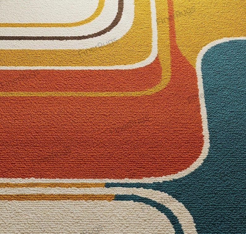 May include: A close-up of a retro-style rug with a textured surface. The rug features a pattern of curved lines and shapes in shades of orange, yellow, brown, teal, and white. The design evokes a vintage aesthetic.