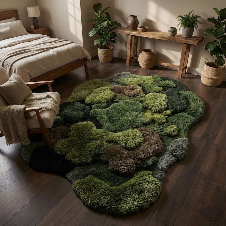 Moss Green Abstract Wool Rug, Irregular Hand Tufted 3d Forest Nature ...