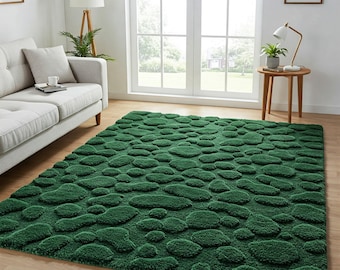 Green Moss Pebble Wool Rug, Abstract Hand Tufted 3D Area Rugs for Living Room