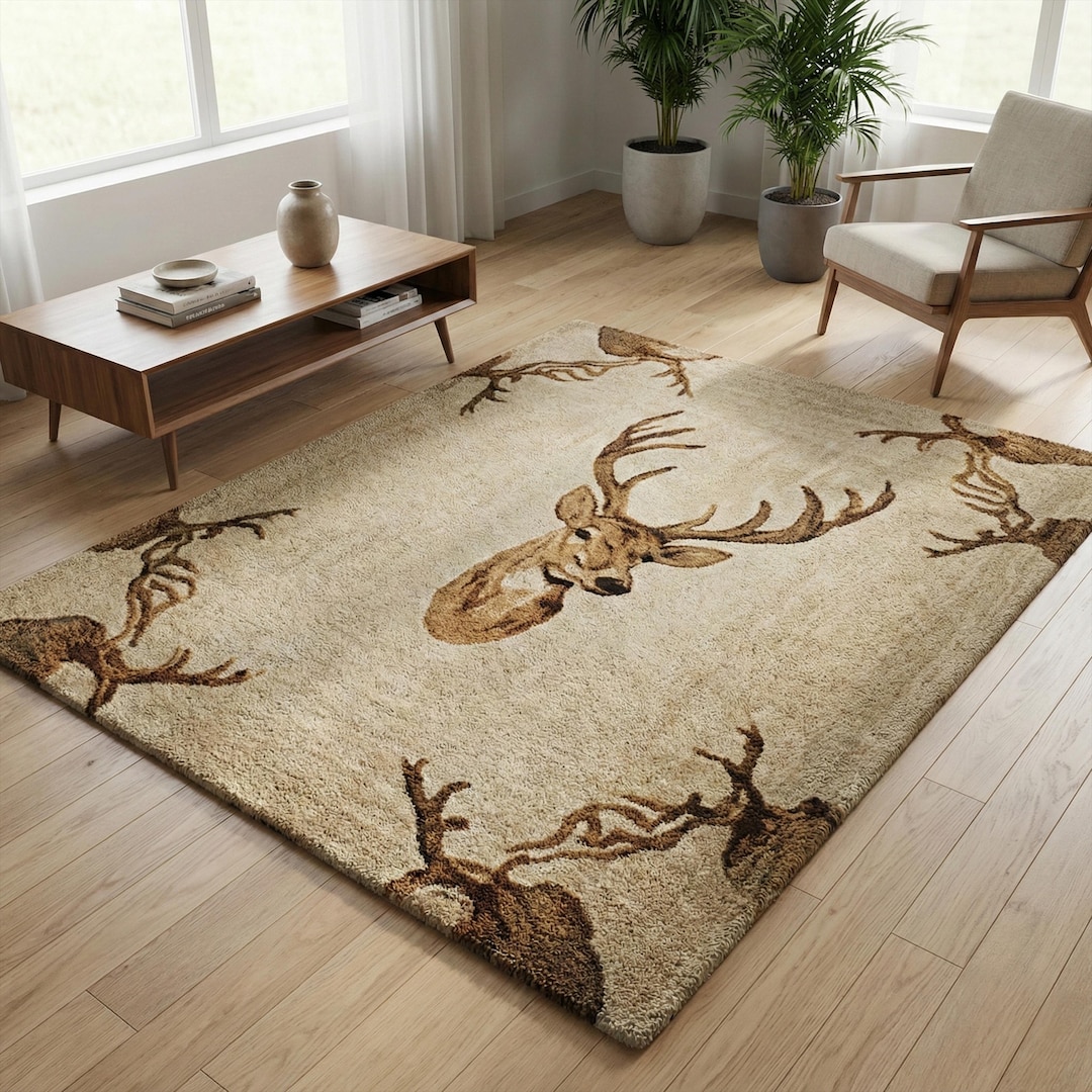 Beige Brown Deer Hand Tufted Rug, Modern Wildlife Wool Area Rugs - Etsy