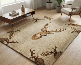 Beige Brown Deer Hand Tufted Rug, Modern Wildlife Wool Area Rugs