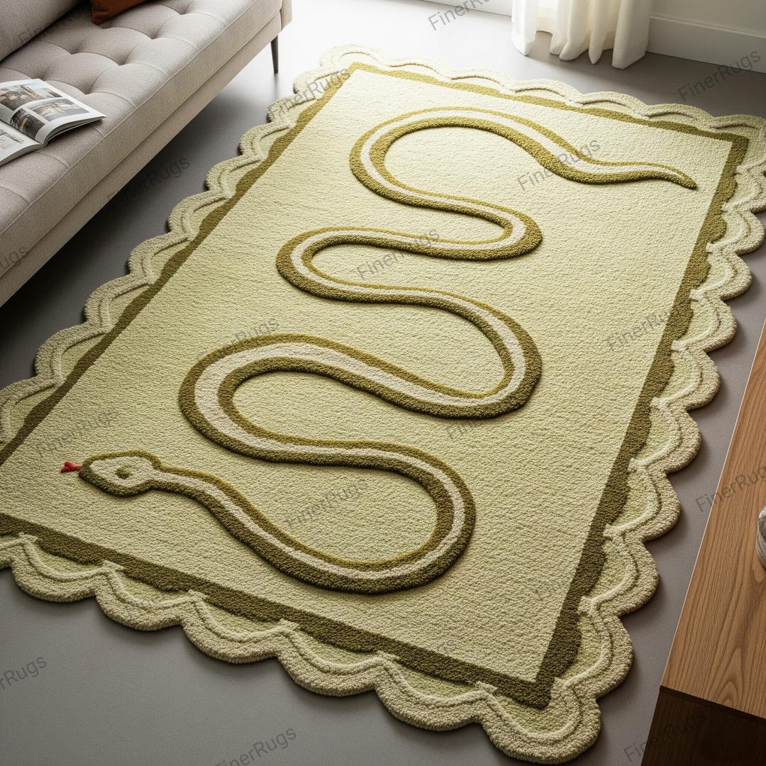 Sage Olive Green 3d Snake Hand Tufted Scalloped Wool Rug, Modern Animal ...