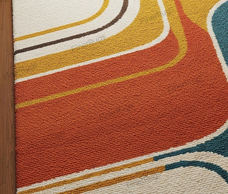 May include: Close-up of a retro-style rug with a textured surface. The rug features a pattern of curved lines in shades of orange, yellow, brown, teal, and cream. The rug's design evokes a vintage aesthetic.