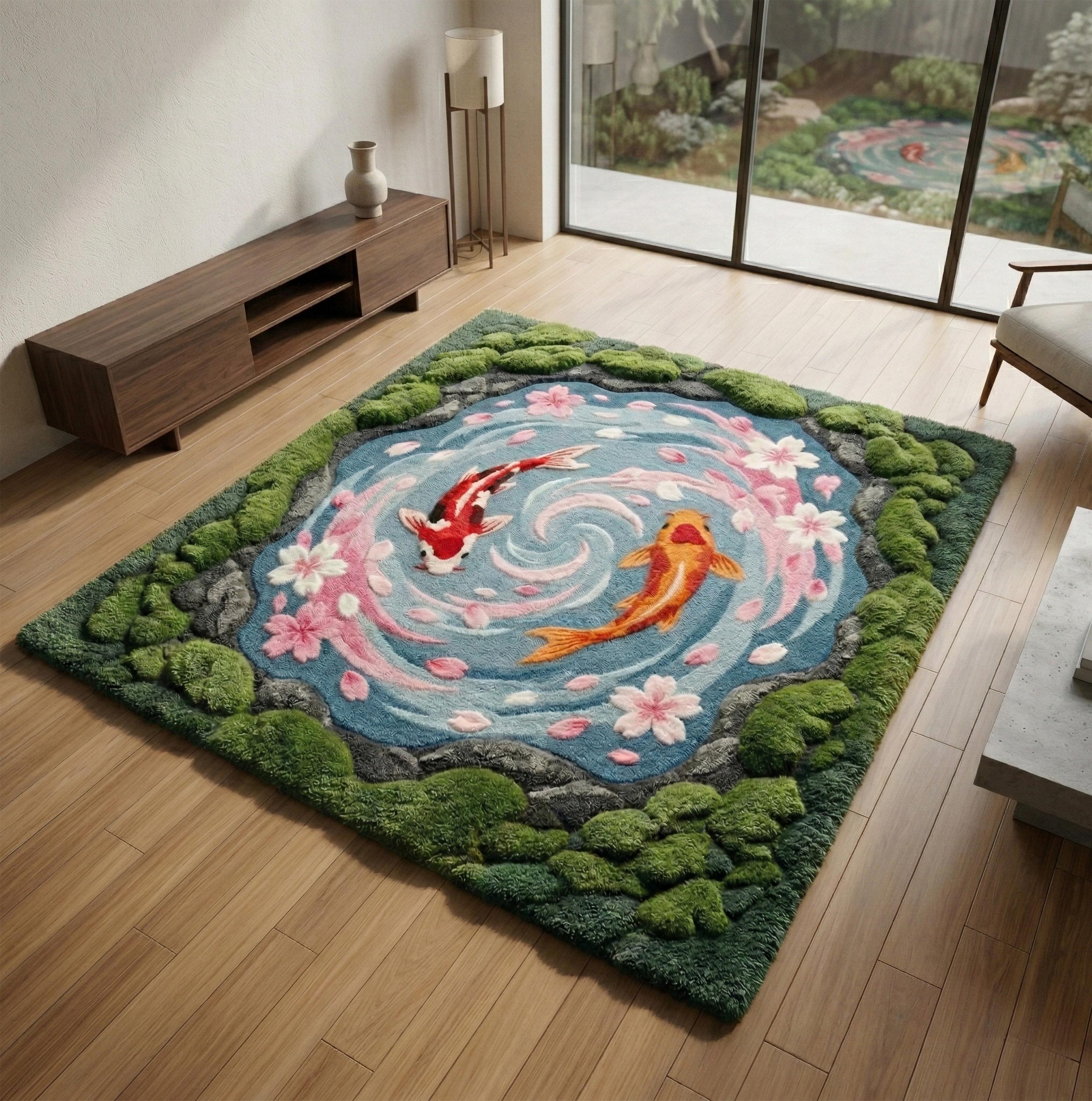 Pond Colors Rug Koi Pond Tufted Wool Rug, 3D Moss Cherry Blossom Fish Area Rugs - Etsy