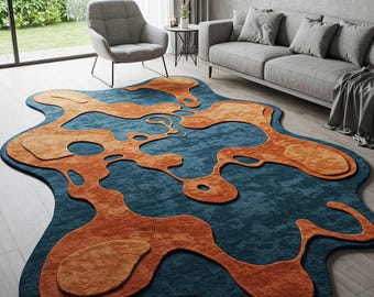 Burnt Orange Blue Irregular Tufted Rug, Abstract Organic Shape Wool Rugs for Living Room