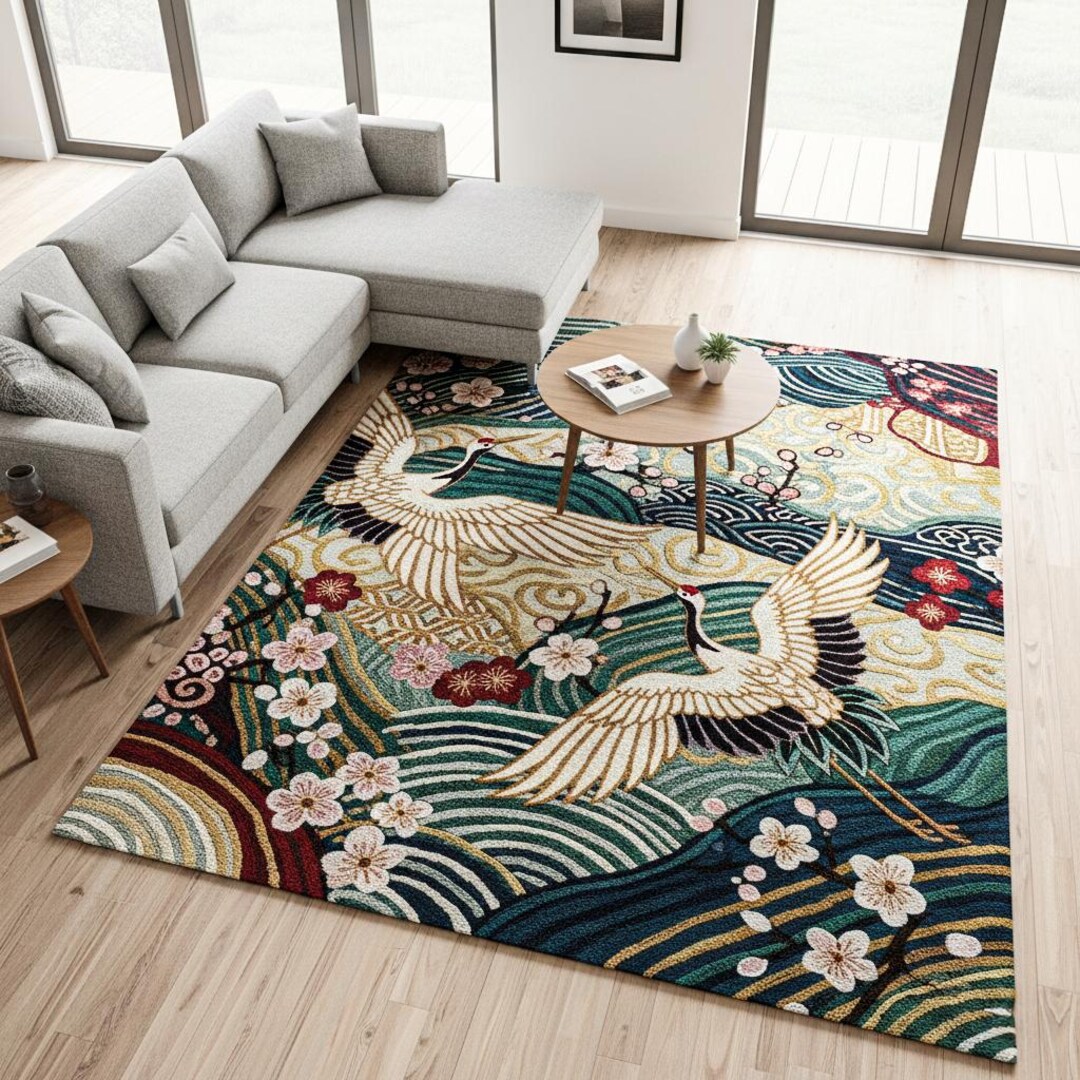 Japanese Looking Rug Colorful Hand Tufted Wool Rug, Modern Japanese Crane Area Rugs for ...