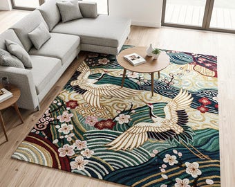 Colorful Hand Tufted Wool Rug, Modern Japanese Crane Area Rugs for Living Room