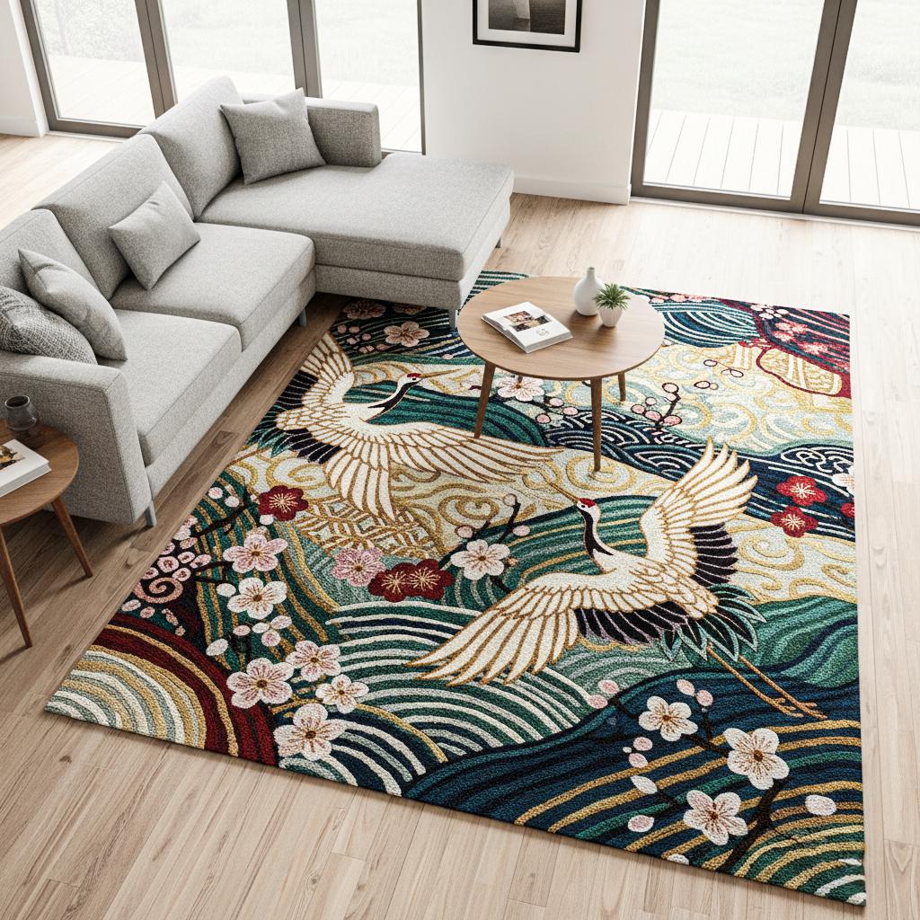Colorful Hand Tufted Wool Rug, Modern Japanese Crane Area Rugs for ...
