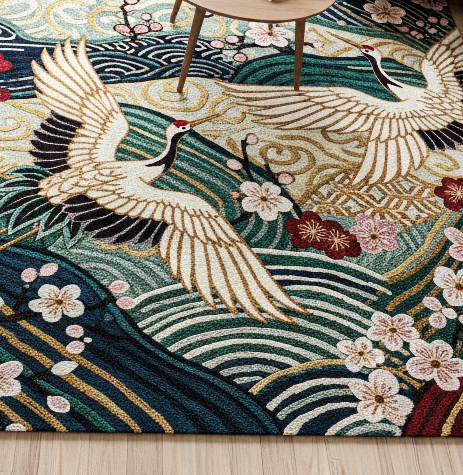 Colorful Hand Tufted Wool Rug, Modern Japanese Crane Area Rugs for ...