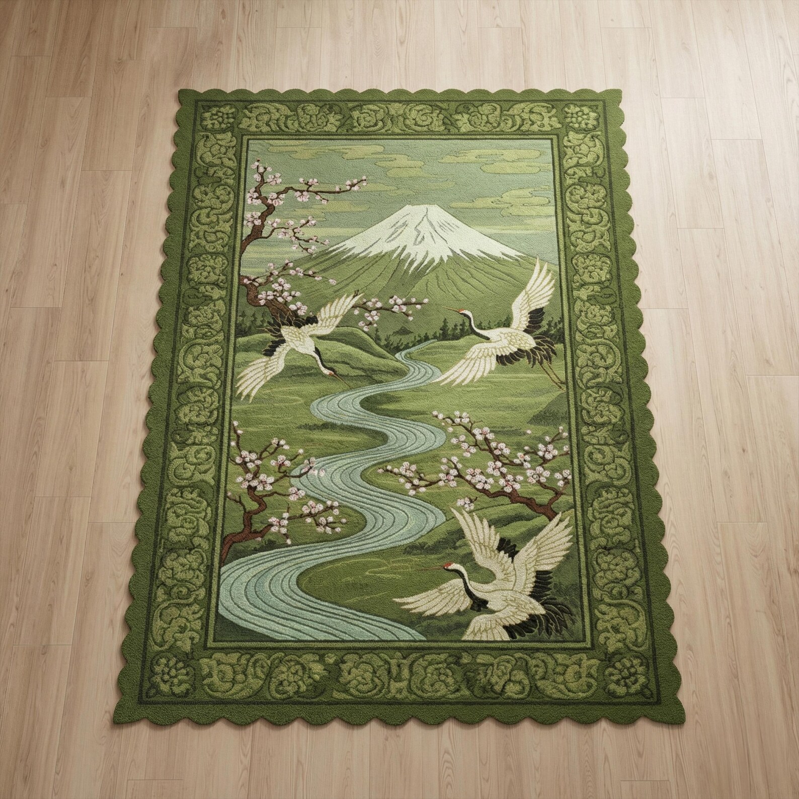 Moss Green Japanese Crane Wool Rug, Hand Tufted Nature Inspired Area ...