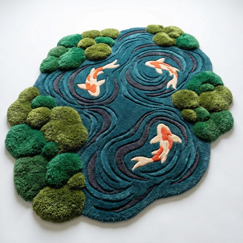 Pond/water Rug Moss Blue Koi Fish Wool Rug, 3D Pond Irregular Hand Tufted Nursery Area ...