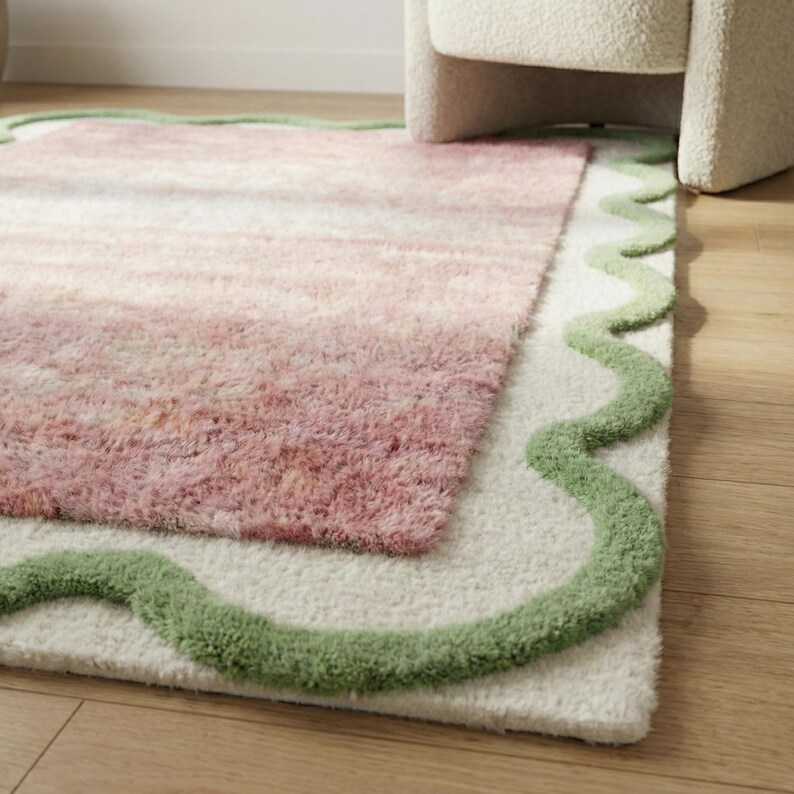 Pink Green Wavy Wool Rug, Abstract Hand Tufted Custom Area Rugs - Etsy