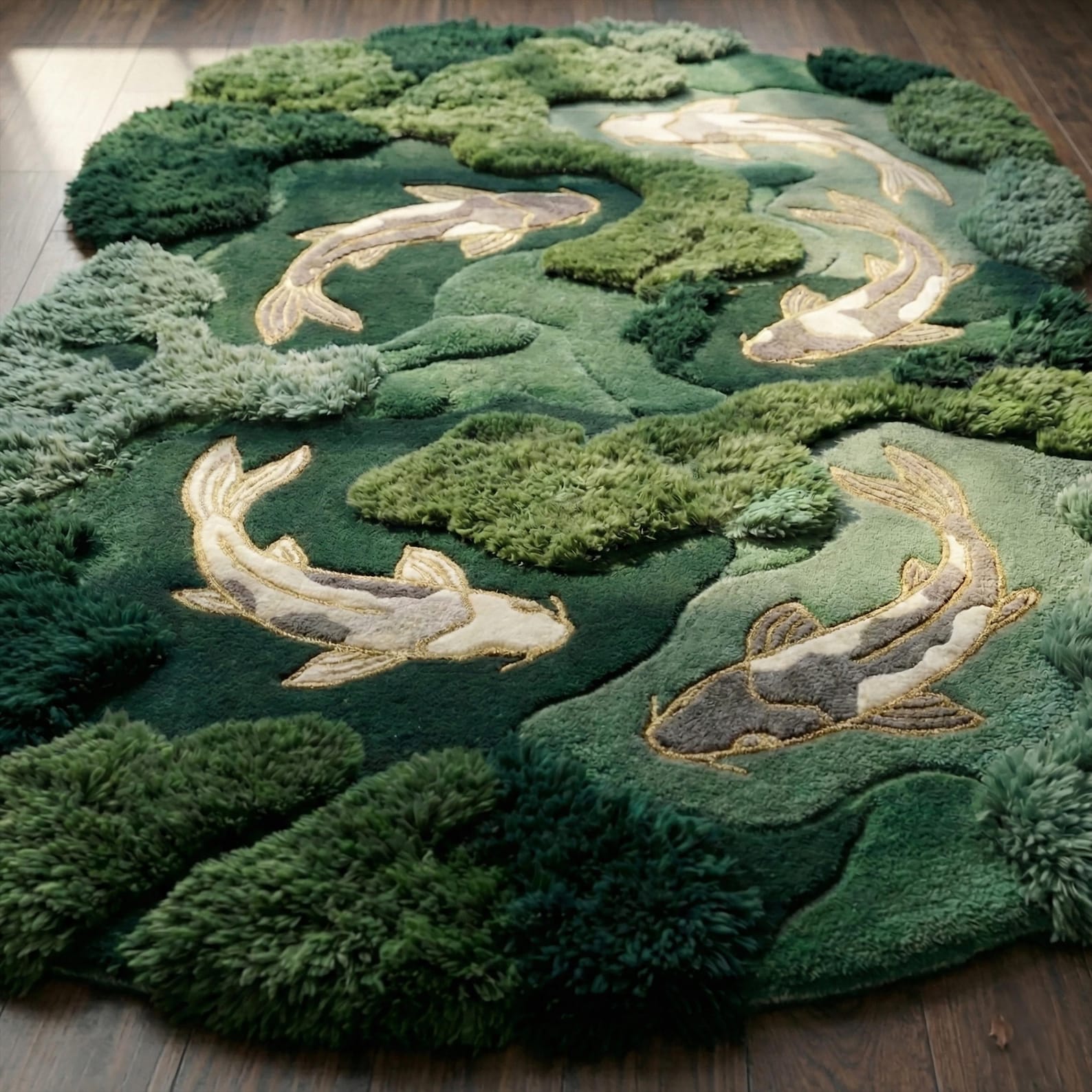 Pond Rug Abstract Koi Fish Wool Rug | Moss Green Hand Tufted Abstract Pond Rug ...