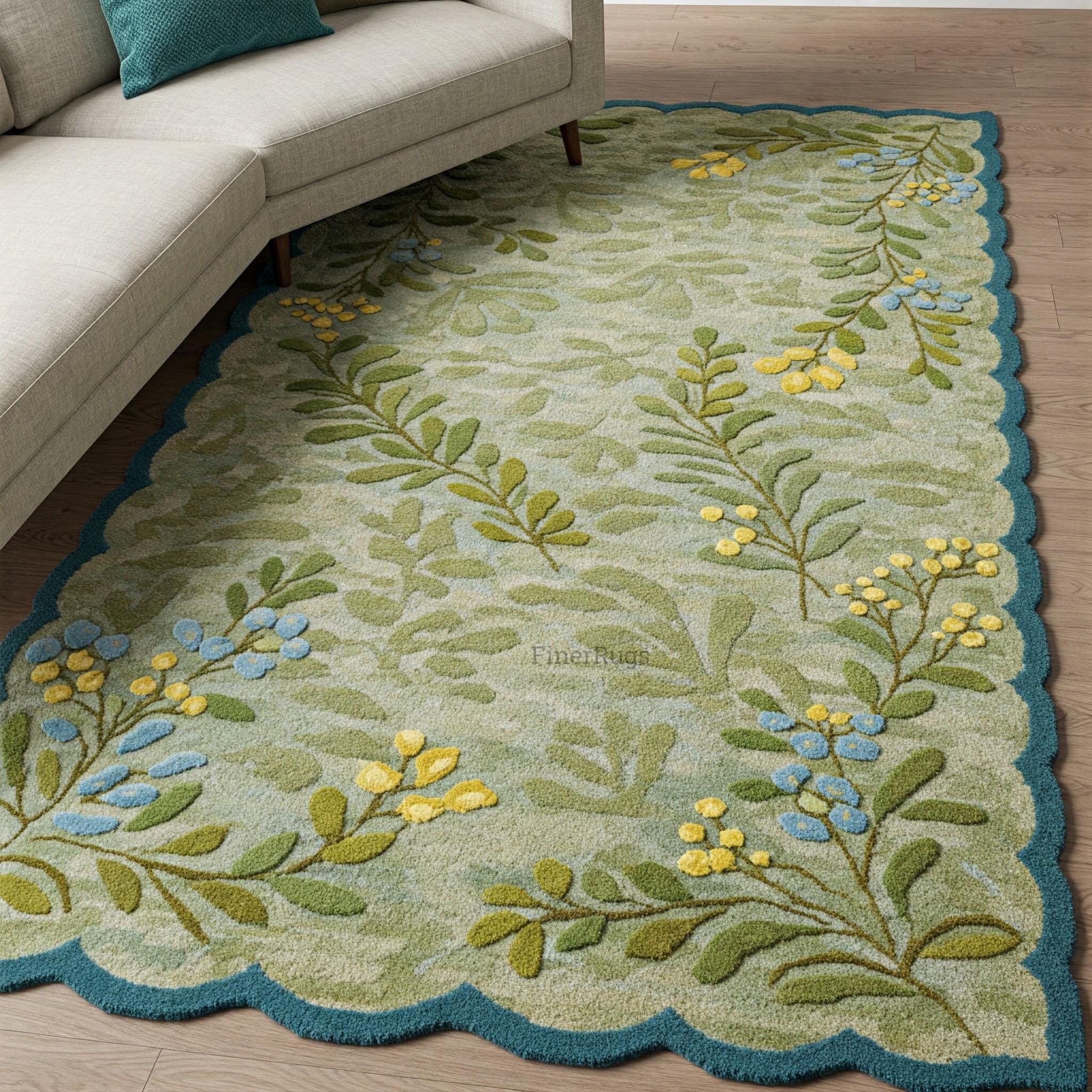 Muted Green Teal Blue Scalloped Hand Tufted Modern Floral Wool Area Rug for Living Room, Handmade 6x9 8x10 Bedroom Rugs, Custom Kitchen Rug