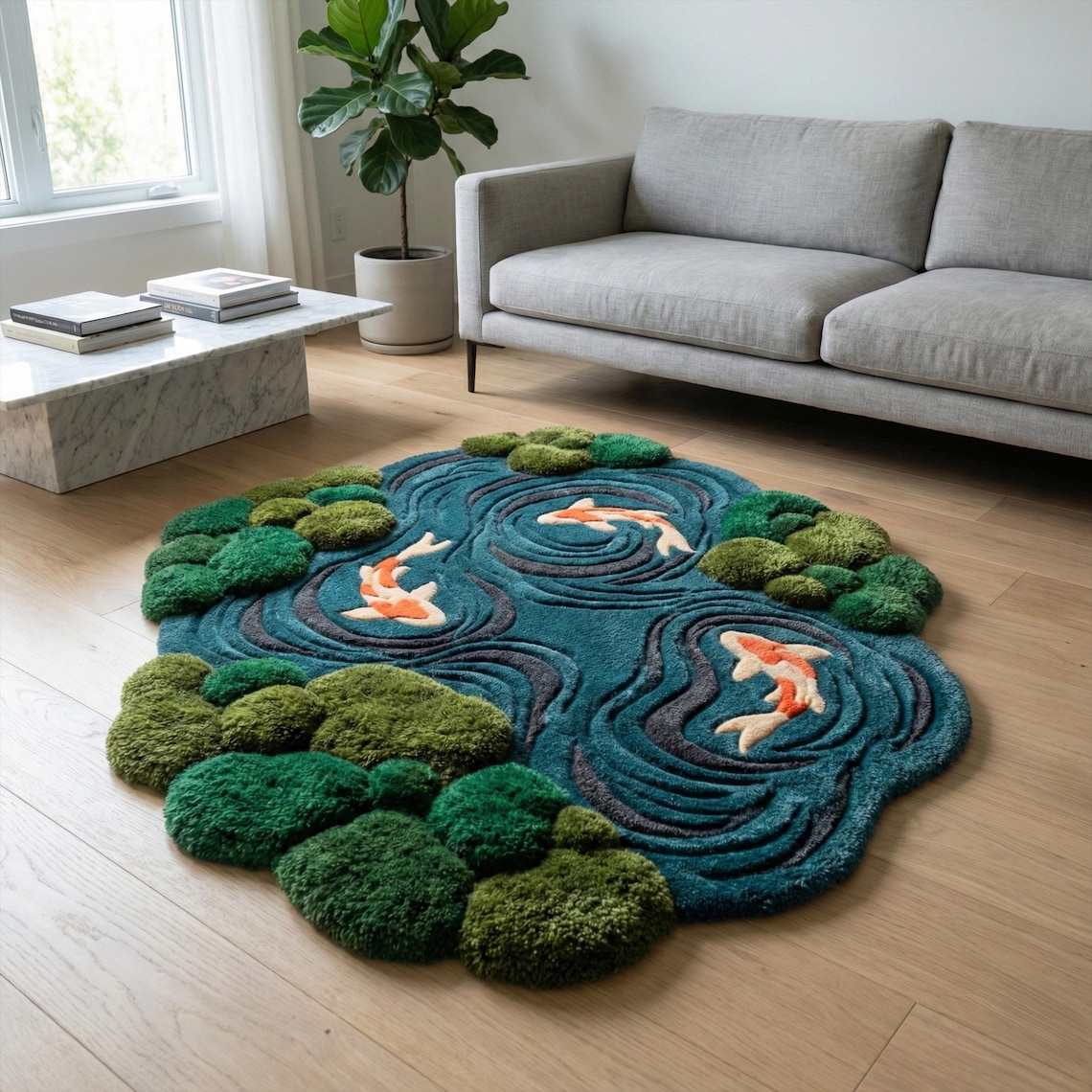 Pond Colors Rug Moss Blue Koi Fish Pond Wool Rug, 3D Irregular Hand Tufted Custom Area ...