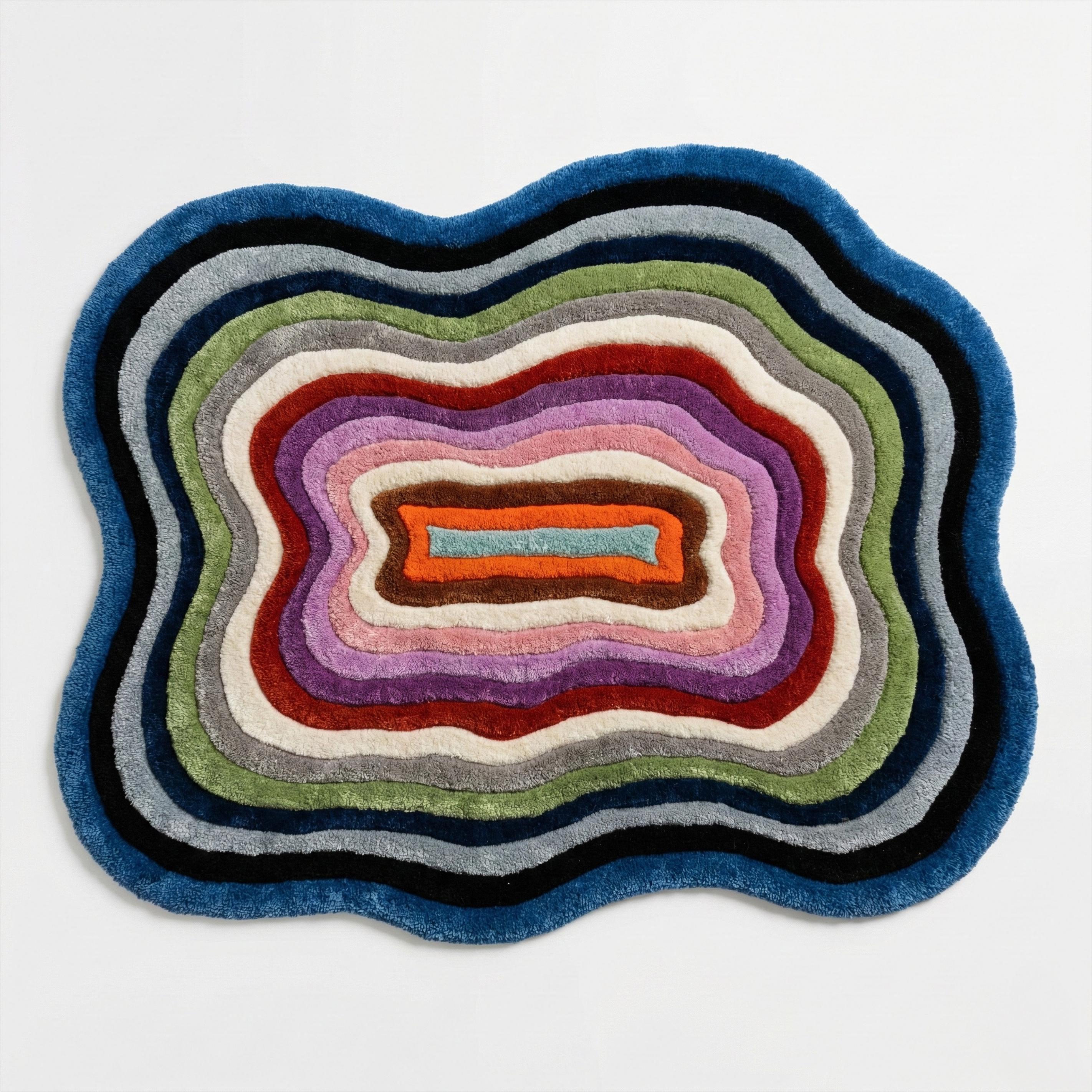 Wavy Long Rug Colorful Irregular Wavy Wool Rug, Abstract Hand Tufted Organic Shape ...