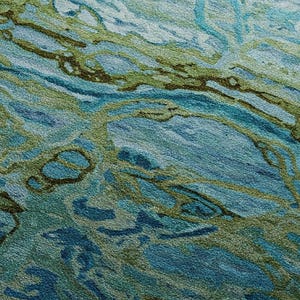 May include: Abstract rug with a swirling pattern of blue, green, and brown colors. The rug has a textured surface and a modern design.