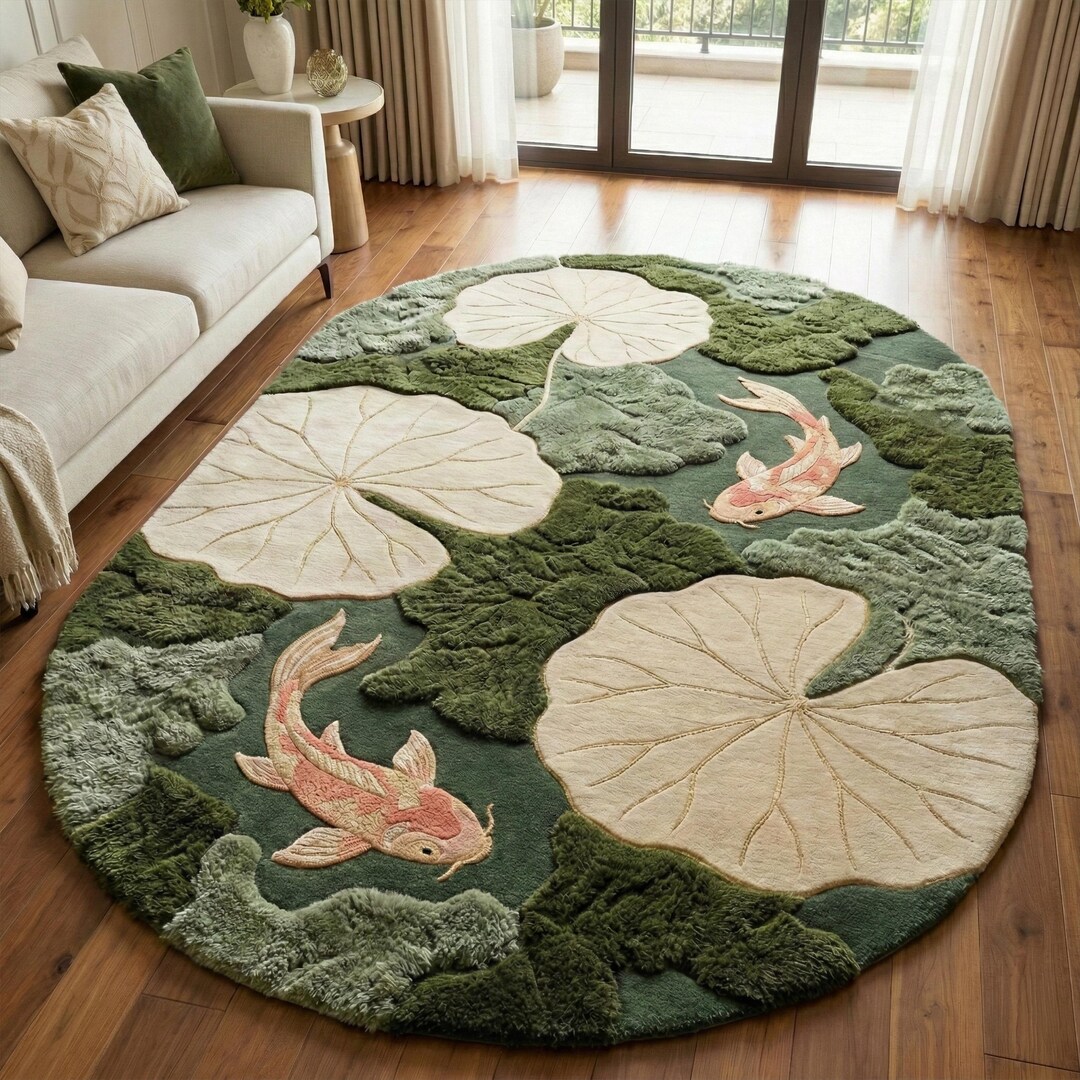 Pond Colors Rug Koi Fish Pond Wool Rug, Moss Hand Tufted Nature Inspired Area Rugs - Etsy