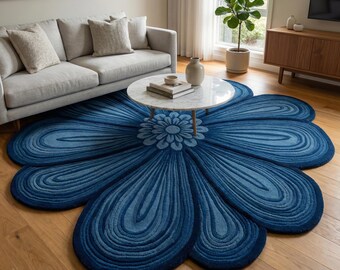 Blue Irregular Floral Wool Rug, Hand Tufted Petal Flower Area Rugs for Bedroom
