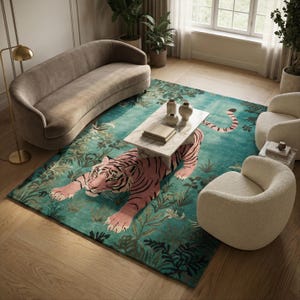 May include: A large rectangular area rug featuring a prominent pink tiger with black stripes centered on a vibrant teal background. The rug displays a detailed jungle-inspired botanical pattern with dark green leaves and foliage surrounding the tiger.