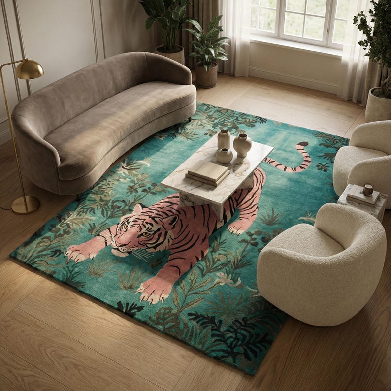 May include: A large rectangular area rug featuring a prominent pink tiger with black stripes centered on a vibrant teal background. The rug displays a detailed jungle-inspired botanical pattern with dark green leaves and foliage surrounding the tiger.