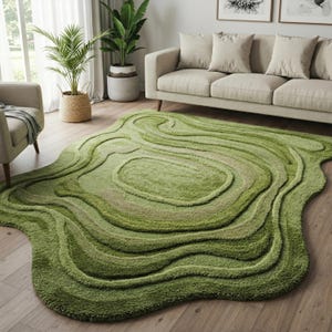 Green Irregular Abstract Wool Rug, Hand Tufted Modern Area Rugs for Living Room