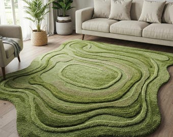 Green Irregular Abstract Wool Rug, Hand Tufted Modern Area Rugs for Living Room
