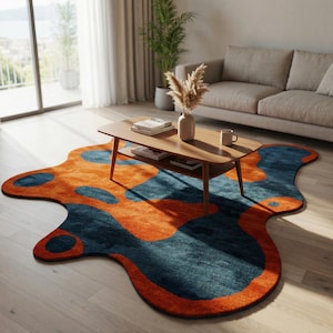 Blue Orange Irregular Hand Tufted Rug, Abstract Area Amoeba Rugs for Living Room