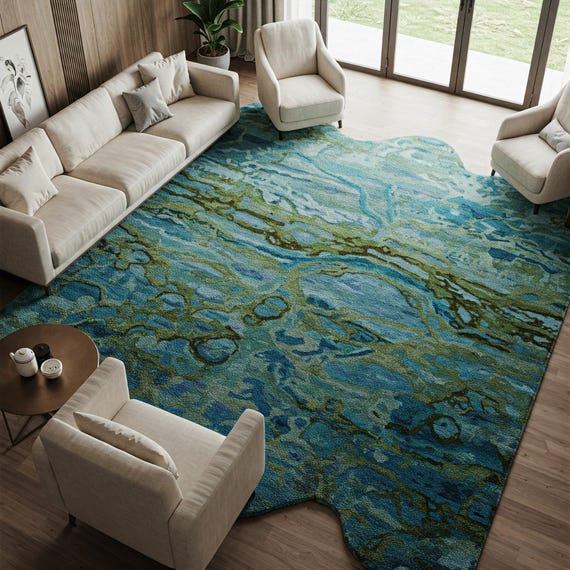 Blue Green Irregular Wool Rug, Abstract Hand Tufted 8x10 Area Rugs for Living Room
