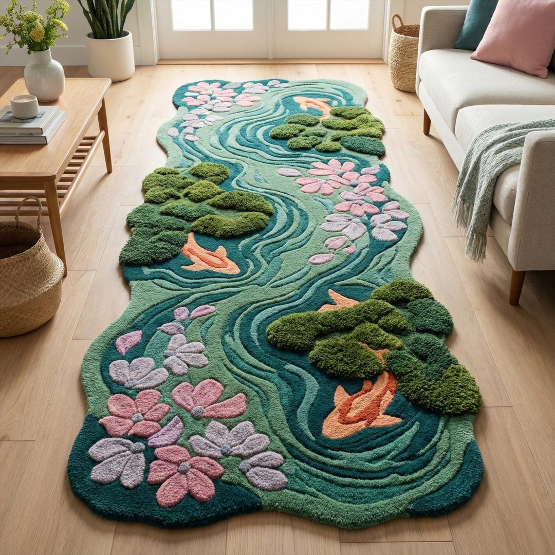Pond Rug Abstract 3D Koi Pond Tufted Rug, Irregular Floral Nature Inspired Wool Runner - Etsy