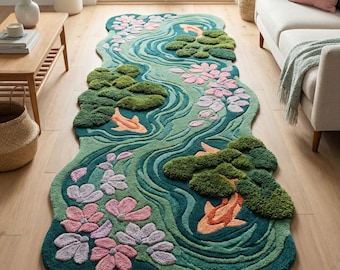 3D Koi Teich Tufted Teppich, Unregelmäßige Florale Natur Inspiriert Wollläufer