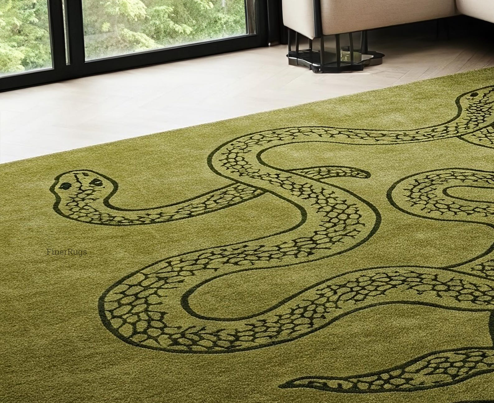 Olive Green Hand Tufted Black Snake Wool Area Rug for Living Room ...