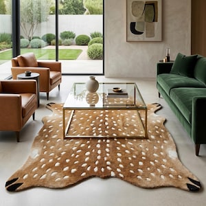 Fawn Spotted Hand Tufted Wool Rug, Tan Ivory Axis Deer Hide Shape, Animal Print, Modern Living Room