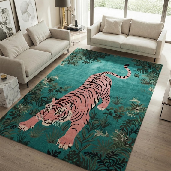 Teal Blue Bengal Tiger Wool Rug, Hand Tufted Green Botanical 8x10 Area Rugs
