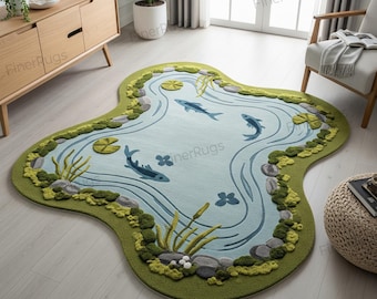 Irregular Koi Fish Tufted Rug, Moss Green Blue Pond Shape Wool Rugs