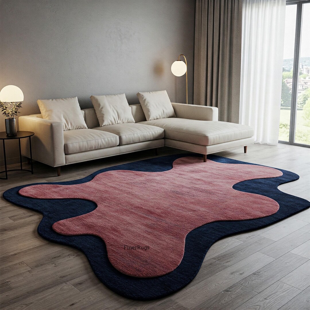 Pink Navy Blue Irregular Shape Modern Hand Tufted Amoeba Wool Area Rug ...