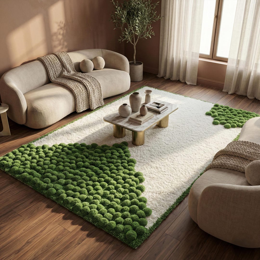 White Green Moss Ball Wool Rug, Abstract Hand Tufted Area Rugs for ...