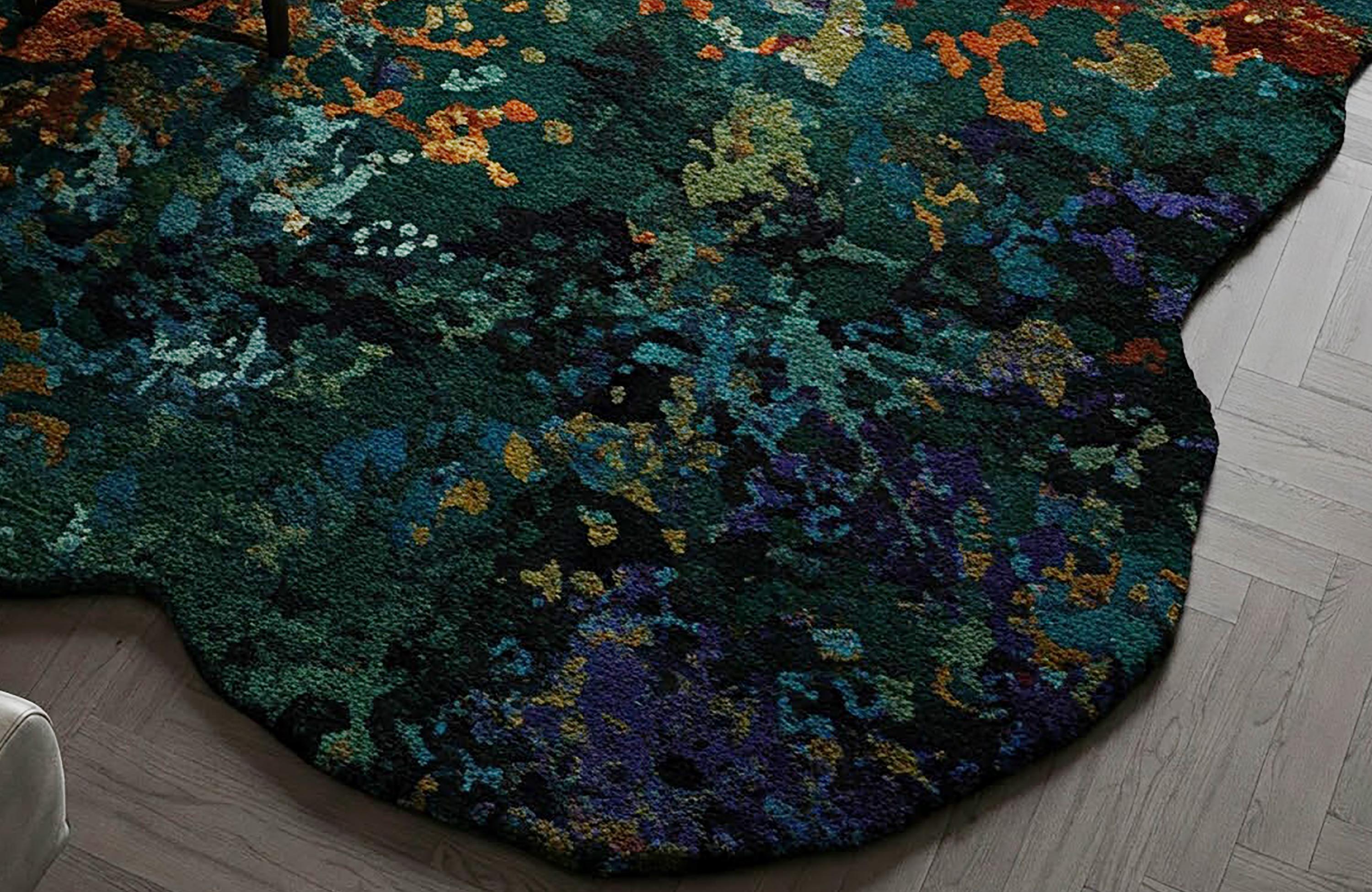 Emerald Green Abstract Wool Rug, Irregular Hand Tufted Colorful Area ...