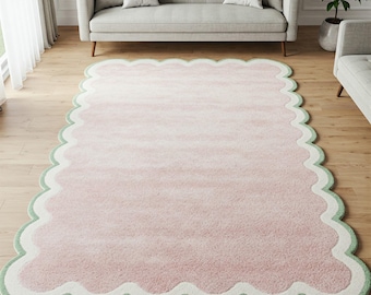 Pink Abstract Wool Rug, Hand Tufted White Green Scalloped Area Rugs