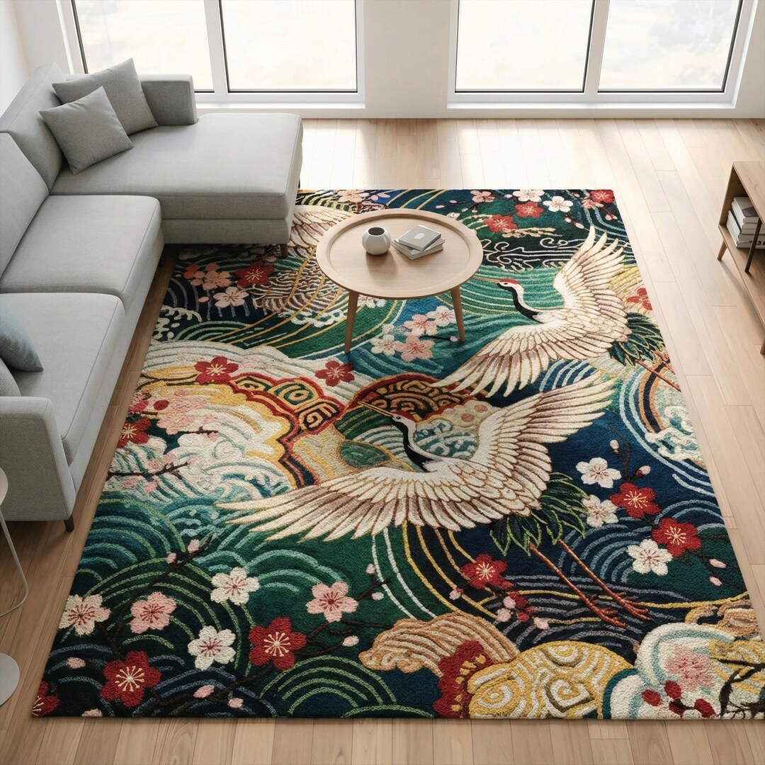 Colorful Japanese Crane Wool Rug, Hand Tufted Cherry Blossom Area Rugs ...