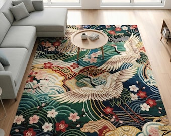 Colorful Japanese Crane Wool Rug, Hand Tufted Cherry Blossom Area Rugs for Living Room