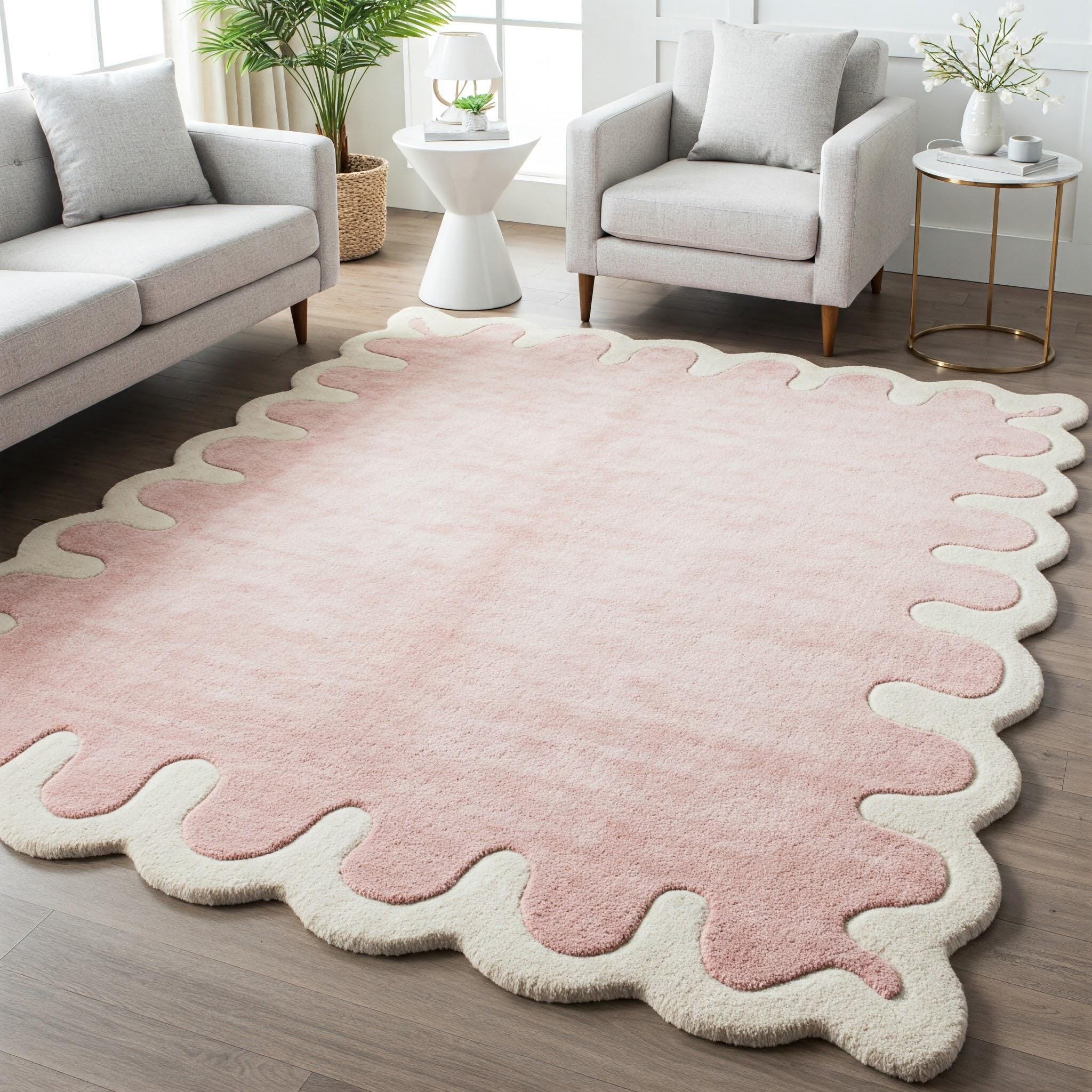 Blush Pink off White Scalloped Wool Rugs, Abstract Hand Tufted