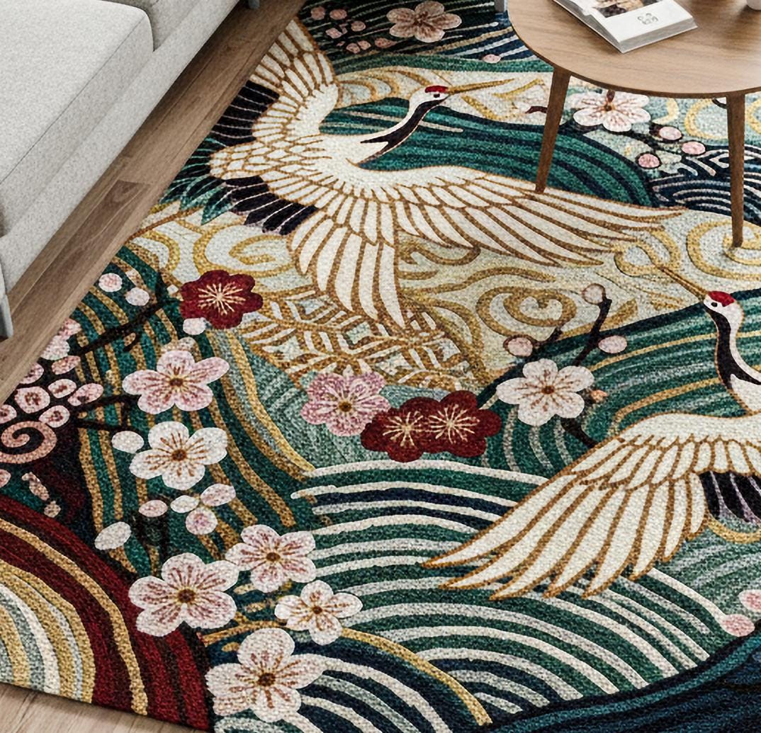 Japanese Patterned Rug Colorful Hand Tufted Wool Rug, Modern Japanese Crane Area Rugs for ...
