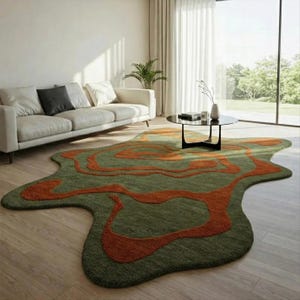 Olive Green Irregular Abstract Wool Rug, Hand Tufted Orange Accent Living Room Rug