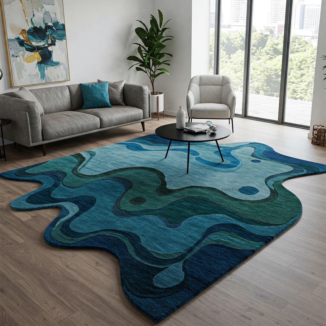 Navy Blue Green Irregular Wool Rug, Hand Tufted Abstract Custom Area ...