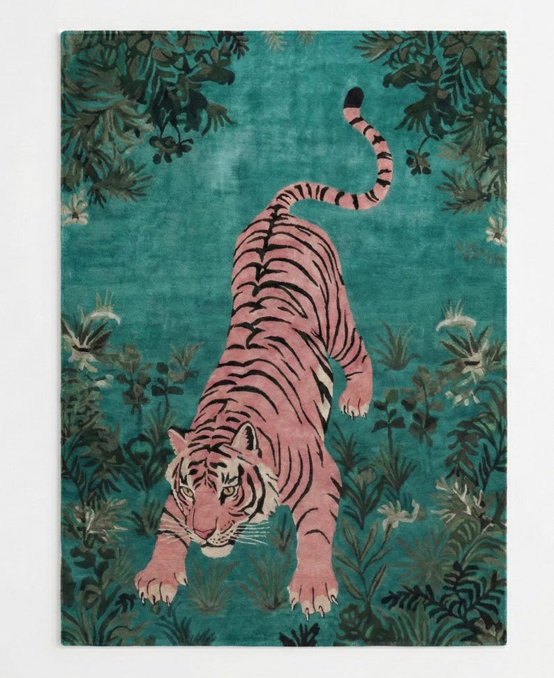 May include: A rectangular area rug featuring a pink tiger with black stripes positioned in the center. The tiger is surrounded by a dark teal background decorated with dark green foliage, leaves, and small white flowers throughout the design.